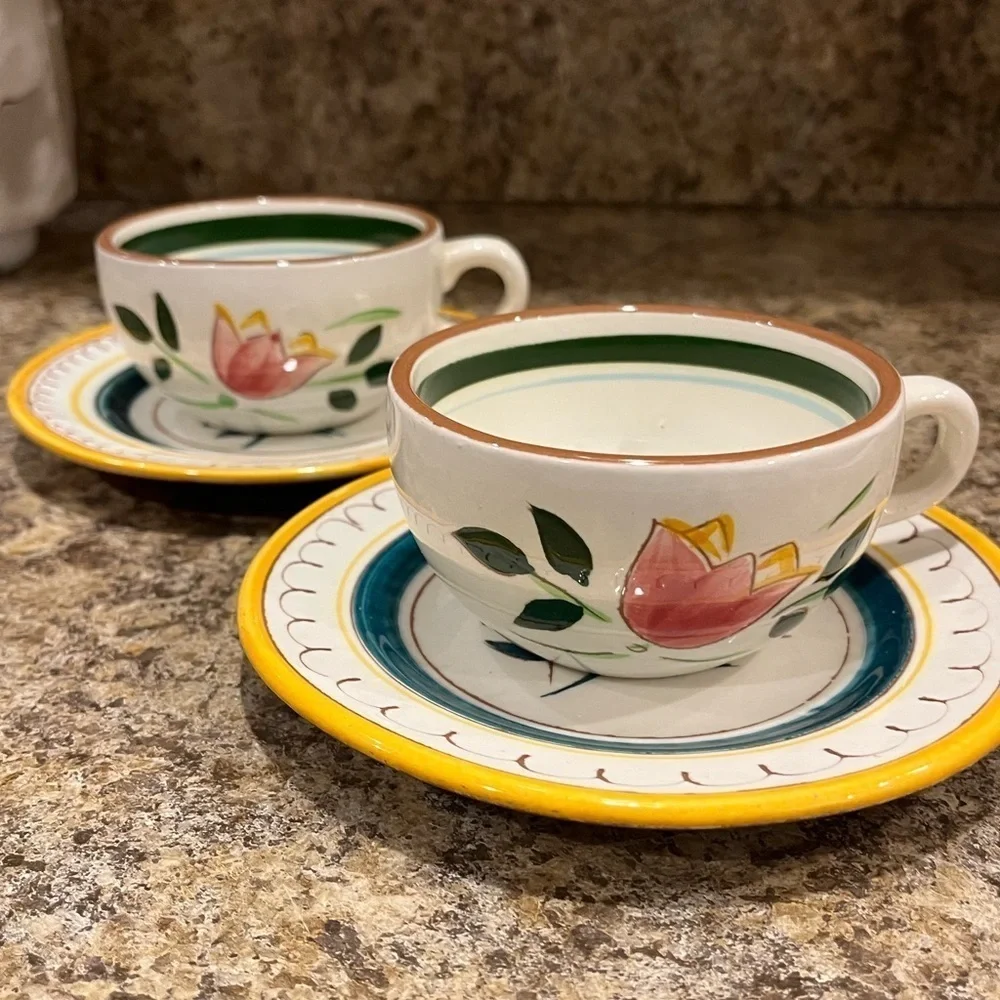 Stangl Pottery Tea Cups & Small Plates Made in USA Country Garden Flower Pattern